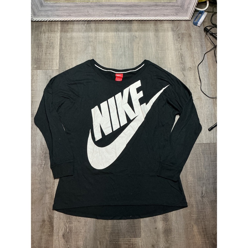 Nike Womens Long Sleeve Graphic Tee Black White Logo Scoop Neck Large